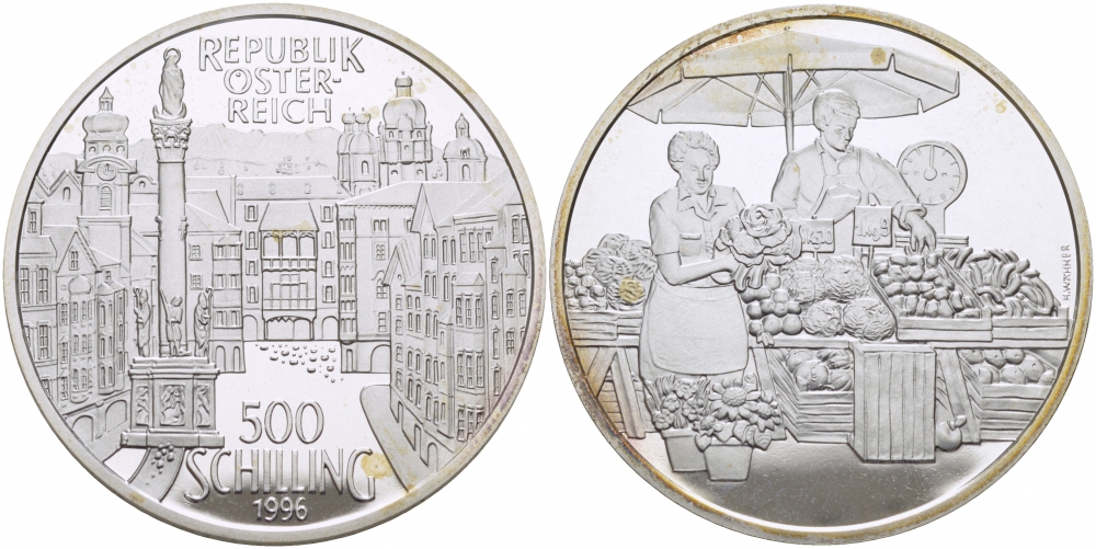 Австрия 500 шиллингов 1996 торговая площадь Инсбрука  KM 3039 серебро PROOF 1077-10-44