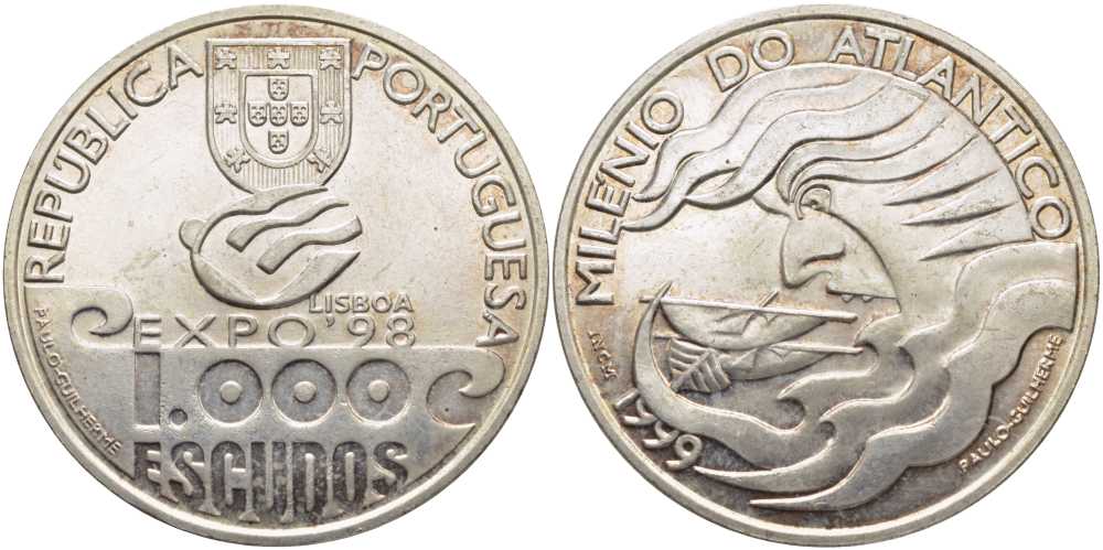 Португалия 1000 эскудо 1999 1000 лет плаванию по Атлантике, EXPO 98 KM 721 серебро 3896-1423