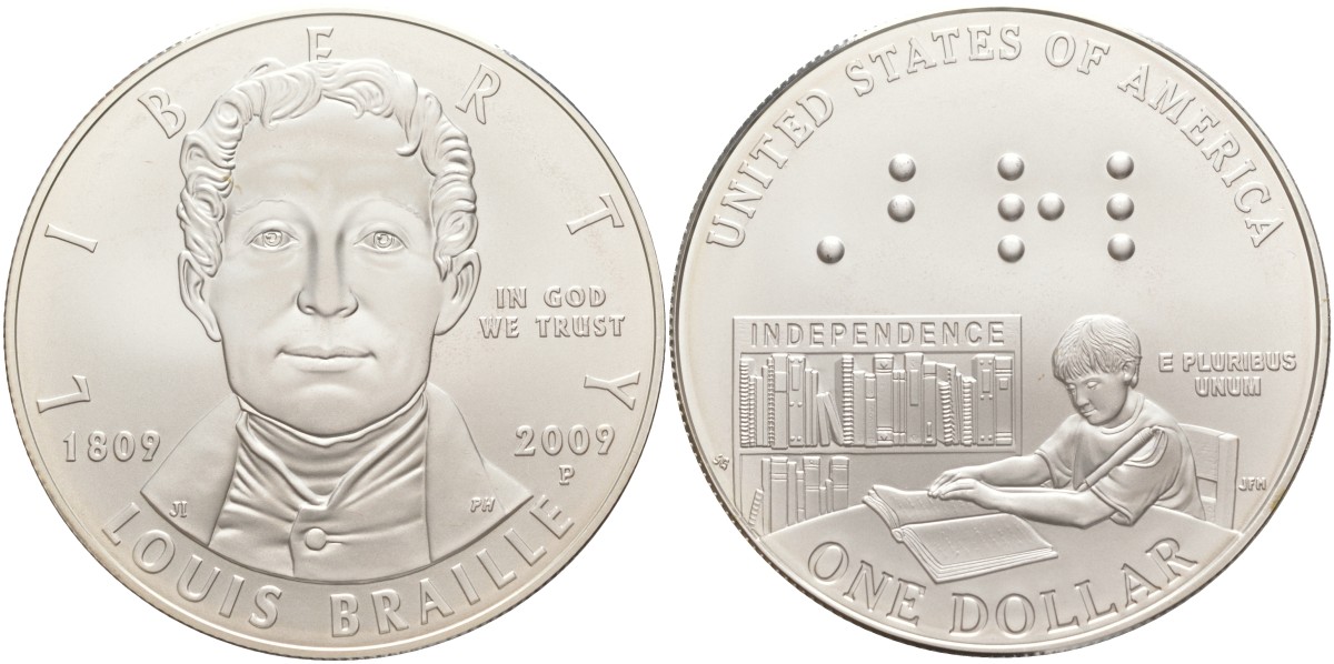 США 1 доллар 2009 Р, 200 лет со дня рождения Луи Брайля (1809-2009), в оригинальной коробке, сертификат KM 455 серебро UNC 00-00