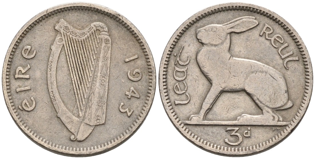 Ирландия 3 пенса 1943 заяц KM 12а медно-никель 92-222