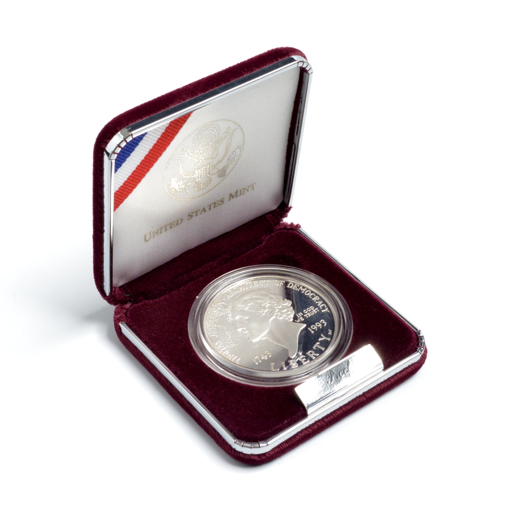 США 1 доллар 1993 S, 250 лет со дня рождения Томаса Джефферсона, в оригинальной коробке KM 249 серебро PROOF 00-000-00