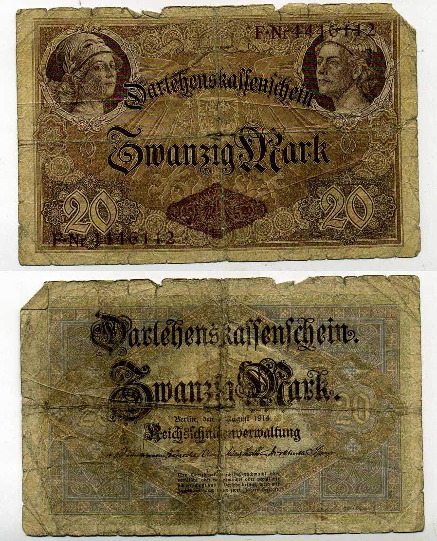 ГЕРМАНИЯ 20 МАРОК 1914 7 значный номер Pick 48 b бумага 6283-51-1