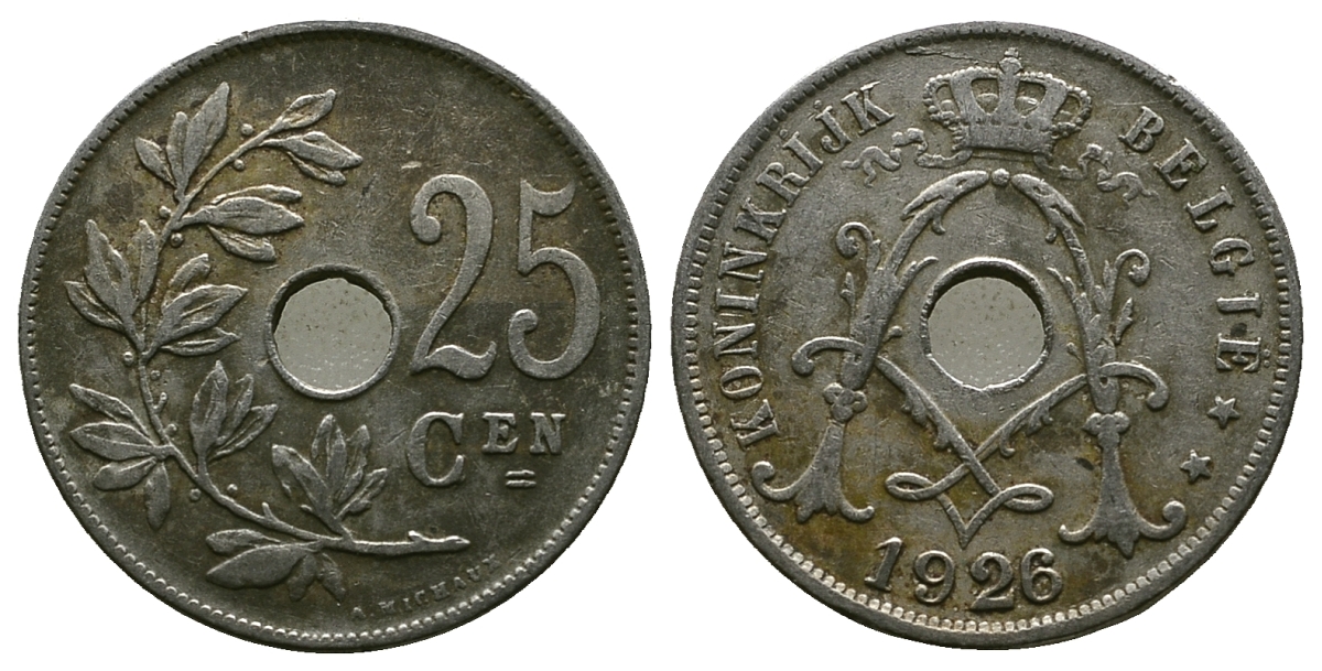 Бельгия 25 сантимов 1926 Belgie KM 69 медно-никель 259-855