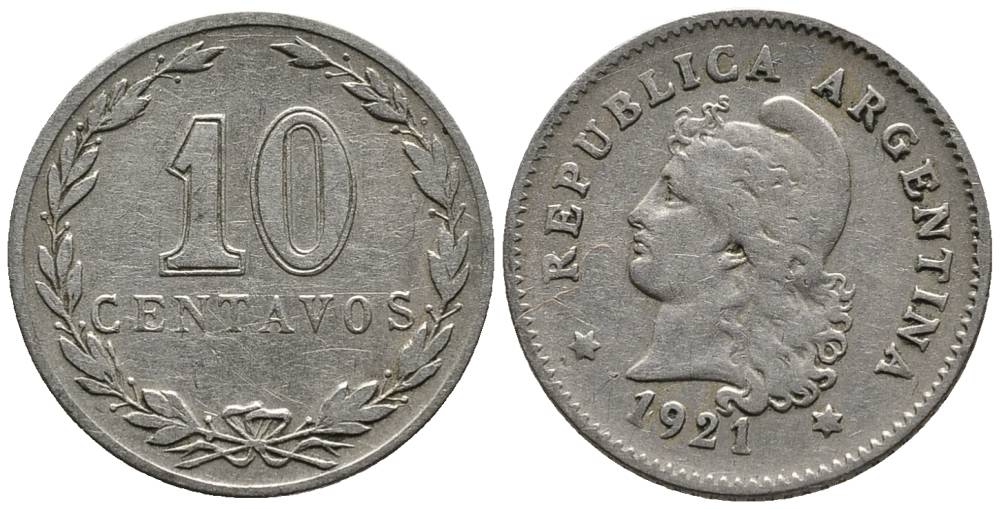 Аргентина 10 сентаво 1921 голова Свободы влево KM 35 медно-никель 4528-237