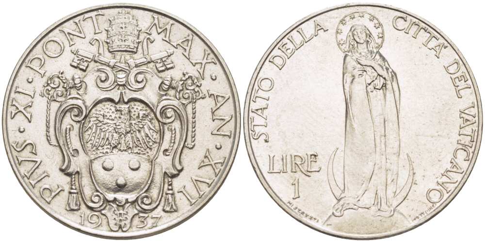 Ватикан 1 лира 1937 XVI год, папа Пий XI (1922-1939), Дева Мария KM 5 никель 4512-845