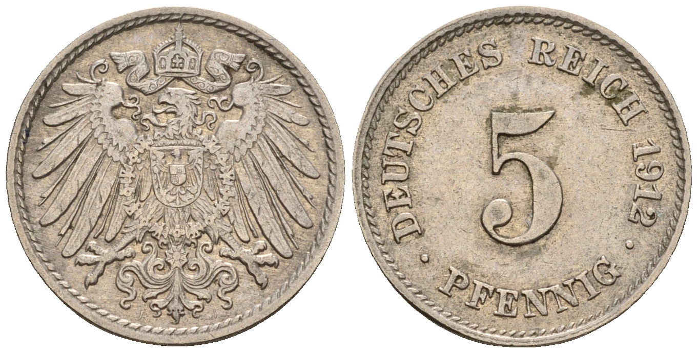 Германия 5 пфеннигов 1912 J, KM 11, J. 12 медно-никель 220-635