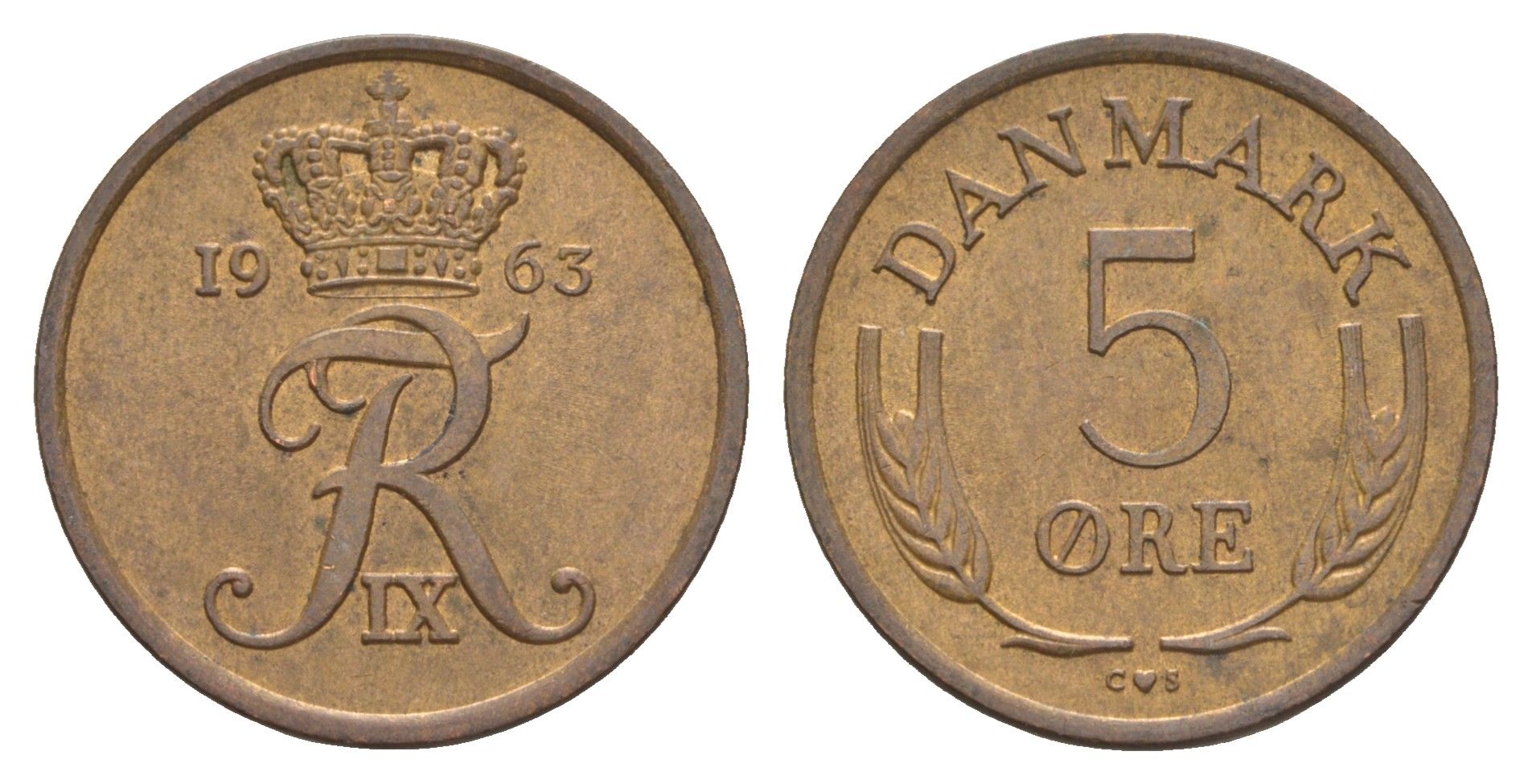 Дания 5 эре 1963 C, Фредерик IX (1947-1972) KM 848 бронза 4638-642