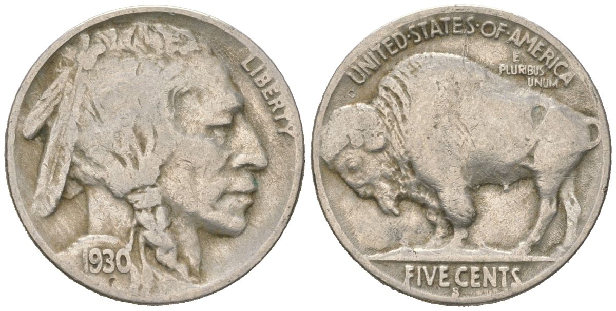 США 5 центов 1930 S, индеец, бизон KM 134 медно-никель 4614-1143