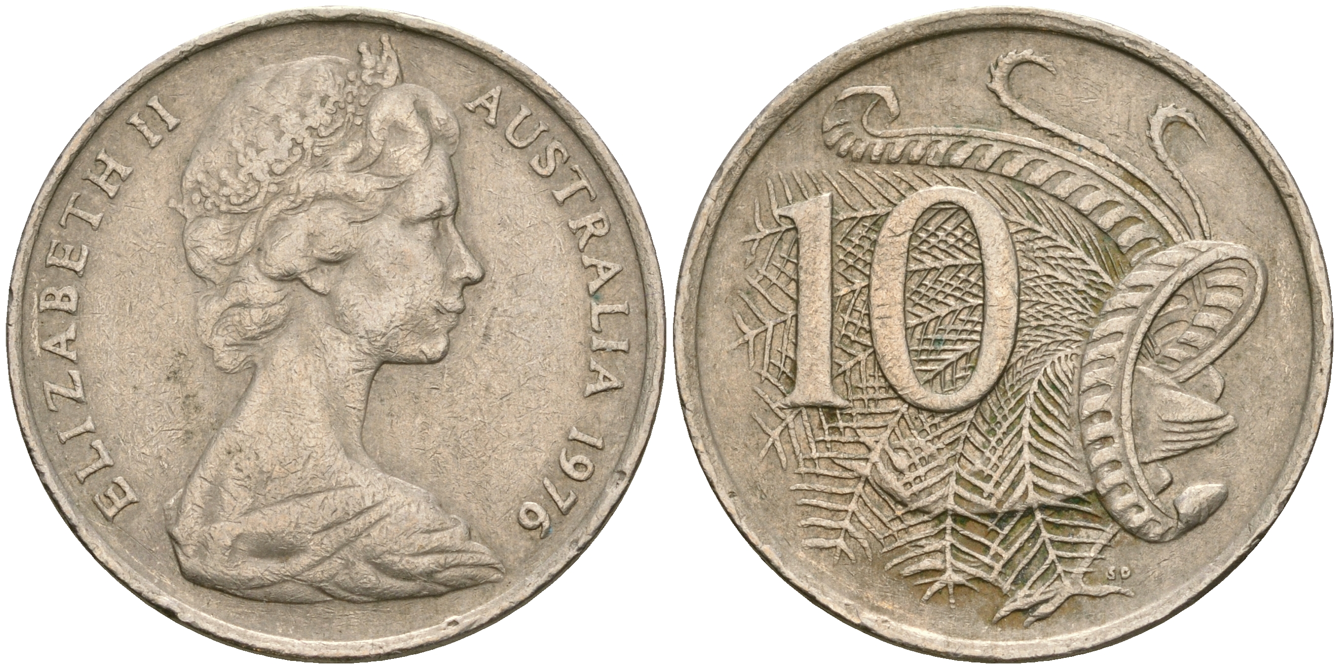 Австралия 10 центов 1976 Елизавета II (1952-), птица лирахвост KM 65 медно-никель 4364-2825