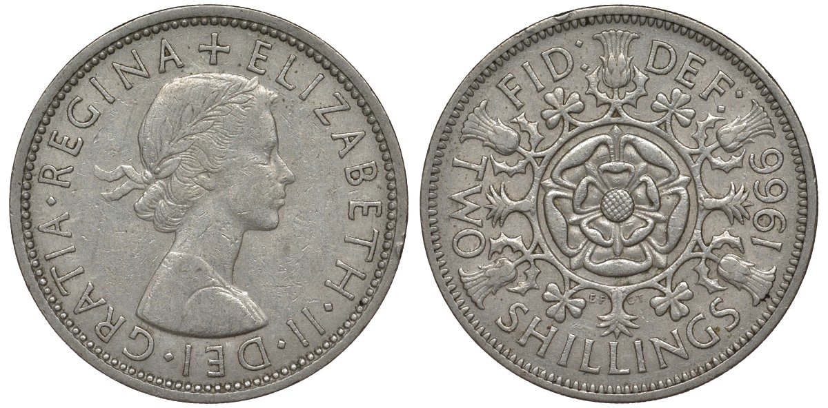 Великобритания 2 шиллинга (флорин) 1966 Елизавета II (1952-2022) KM 906, Spink 4146 медно-никель 4123-925