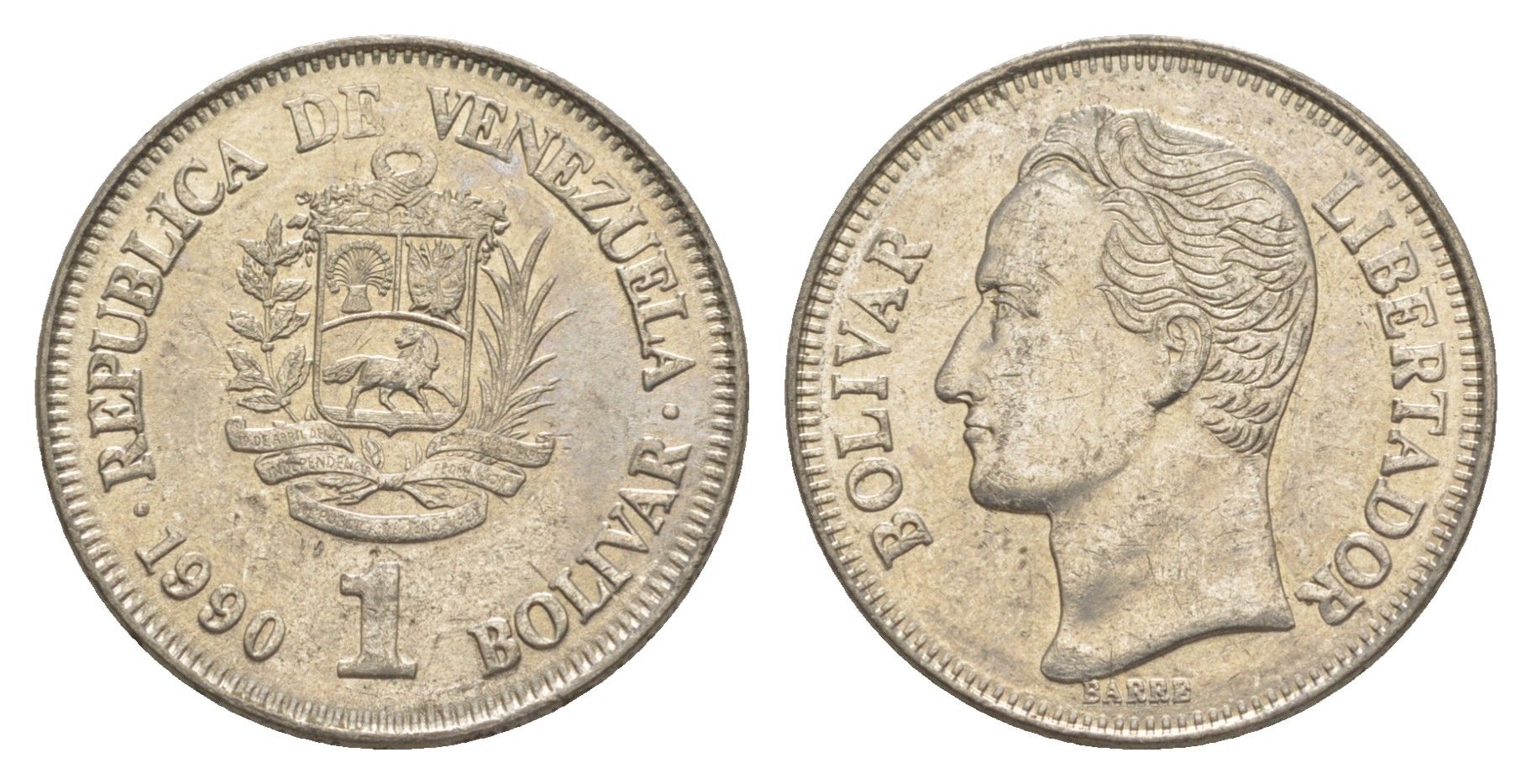 Венесуэла 1 боливар 1990 Симон Боливар, толстый шрифт Y 52a.2 сталь плакированная никелем 4591-431