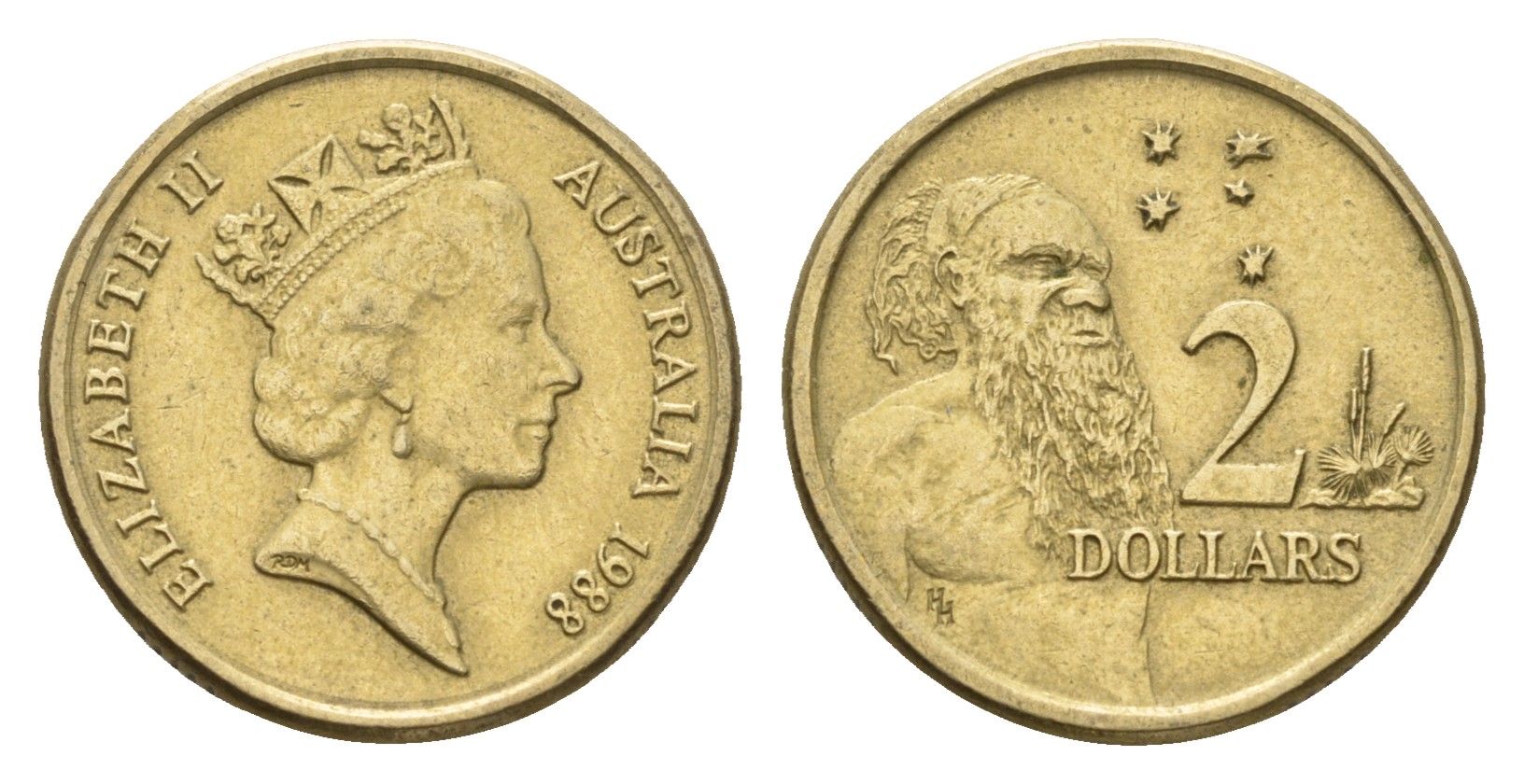 Австралия 2 доллара 1988 абориген, Елизавета II (1952-2022) KM 101 алюминиевая бронза 4671-514