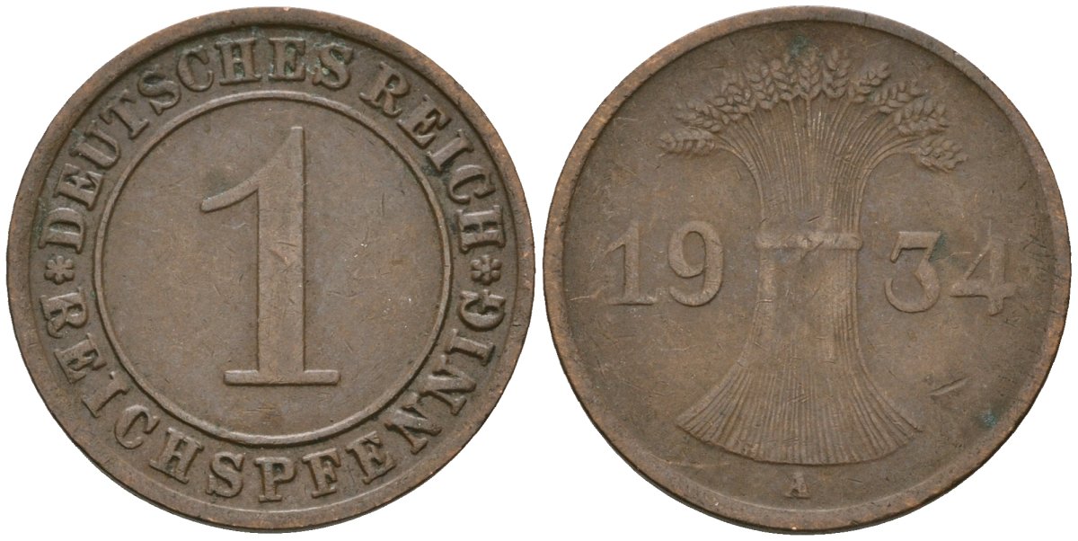 Германия 1 рейхспфенниг 1934 A KM 37, J. 313 бронза 4189-1226