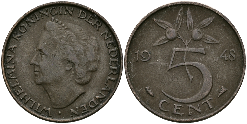 НИДЕРЛАНДЫ 5 ЦЕНТОВ 1948 ВИЛЬГЕЛЬМИНА KM 176 бронза 95-225