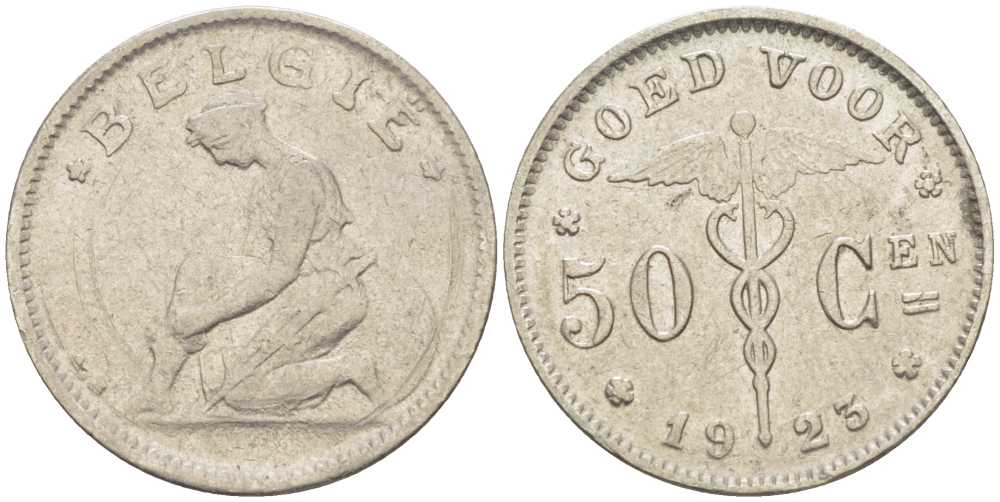 БЕЛЬГИЯ 50 САНТИМОВ 1923 BELGIE, АЛЬБЕРТ I (1909-1934) KM 88 никель 206-112