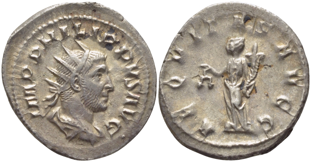 Римская Империя антониниан 244 - 247 Филипп I Араб, AEQVITAS AVGG, Эквитата, персонификация Равенства, Рим, Good Very fine RIC 27b серебро 1073-15-22