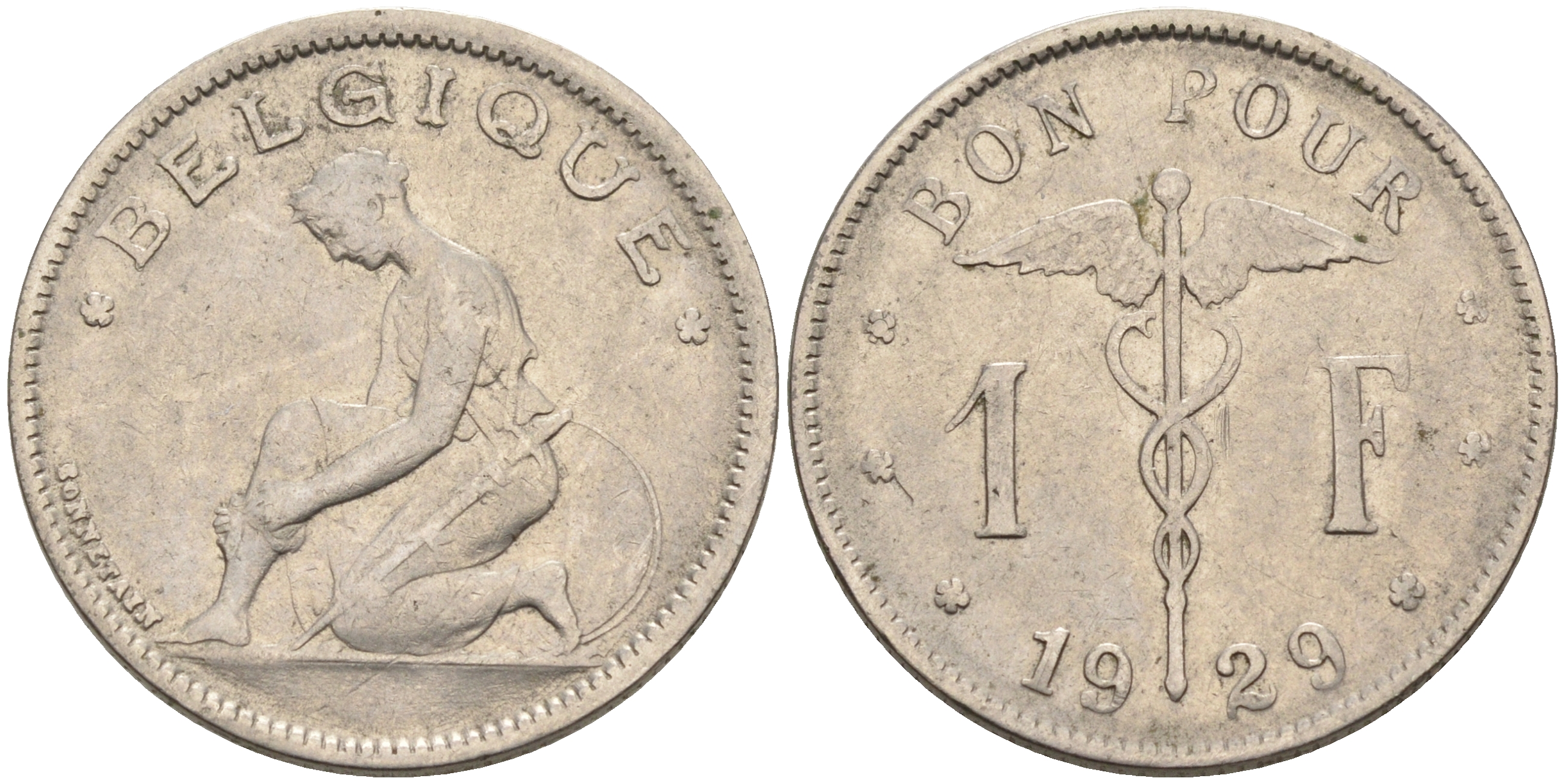 БЕЛЬГИЯ 1 ФРАНК 1929 BELGIQUE KM 89 никель 4563-1151