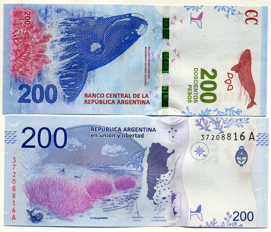 Аргентина 200 песо 2016 серия A, южный кит, полуостров Вальдес Pick 364 (1) бумага UNC (пресс) 7202-48-1