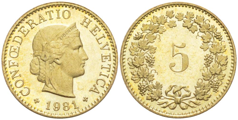 Швейцария 5 раппенов 1981 KM 26с алюминий латунь 105-512