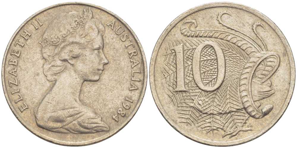 Австралия 10 центов 1984 Елизавета II (1952-), птица лирахвост KM 65 медно-никель 4382-1333