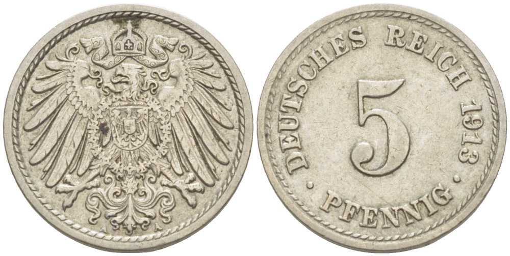 ГЕРМАНИЯ 5 ПФЕННИГОВ 1913 A KM 11, J. 12 медно-никель 105-165