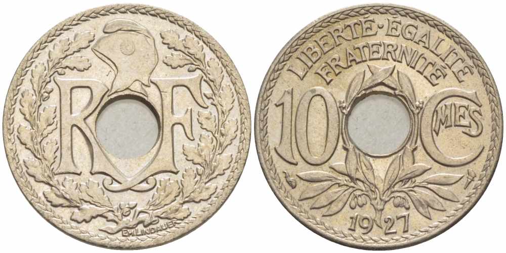 ФРАНЦИЯ 10 САНТИМОВ 1927 ТИП ЛИНДАЙЁ KM 866а, LE FRANC 138.14 медно-никель 108-153