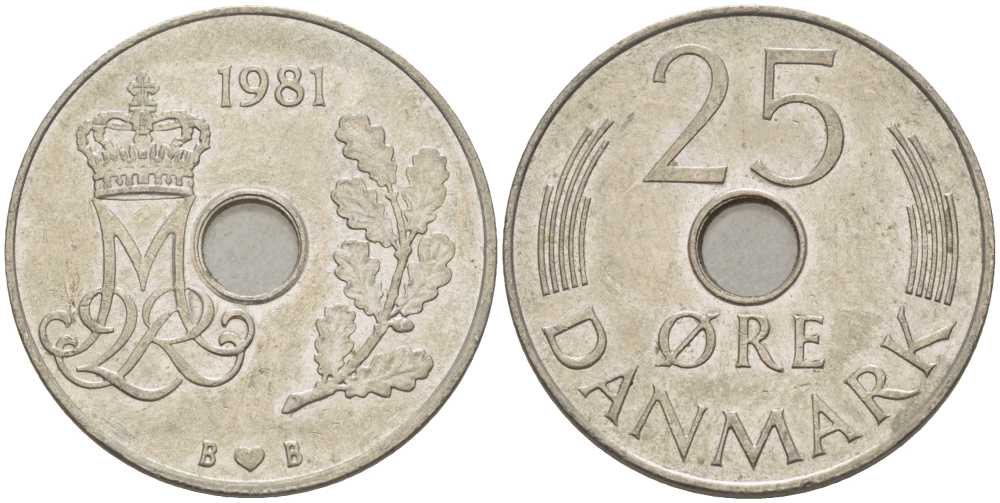 ДАНИЯ 25 ЭРЕ 1981 B; B, МАРГРЕТЕ II (1972-) KM 861.2 медно-никель 94-911