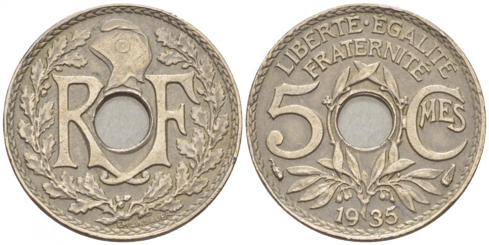 ФРАНЦИЯ 5 САНТИМОВ 1935 ТИП ЛИНДАЙЁ KM 875 медно-никель 3309-1023