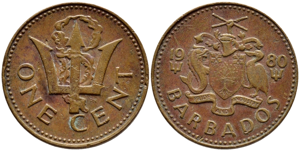 Барбадос 1 цент 1980 сломанный трезубец Британии KM 10 бронза 4396-1257