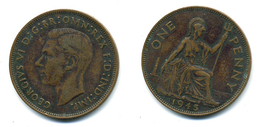 Великобритания 1 пенни 1945 Георг VI (1936-1952) KM 845, Spink 4114 бронза 4110-323