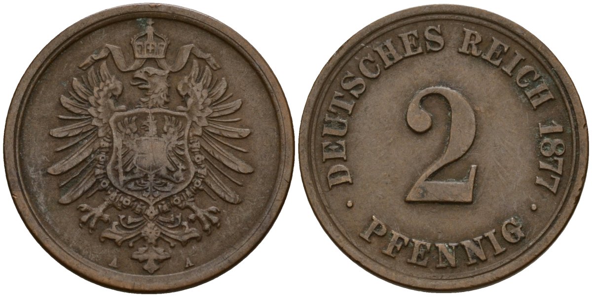 Германия 2 пфеннига 1877 A KM 2, J. 2 медь 4189-825