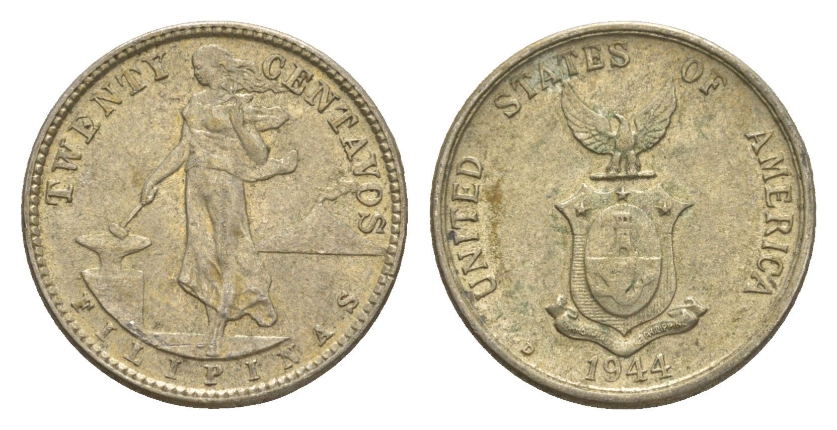 Филиппины 20 сентаво 1944 KM 182 серебро 4649-639