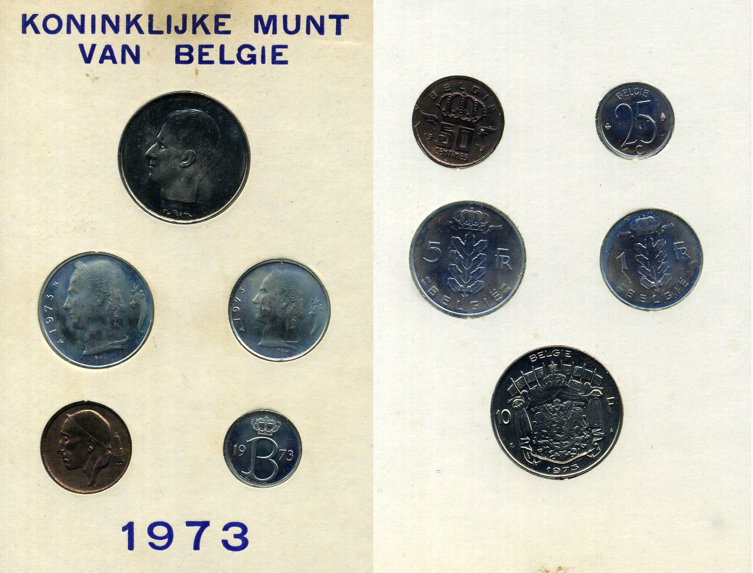 Бельгия набор из 5 монет (25 и 50 сантимов; 1, 5 и 10 франков) 1973 Belgie, в оригинальном буклете мондвора KM SS7 (135.1, 143.1, 149.1, 154.1 и 156.1) UNC 8-2-05-82
