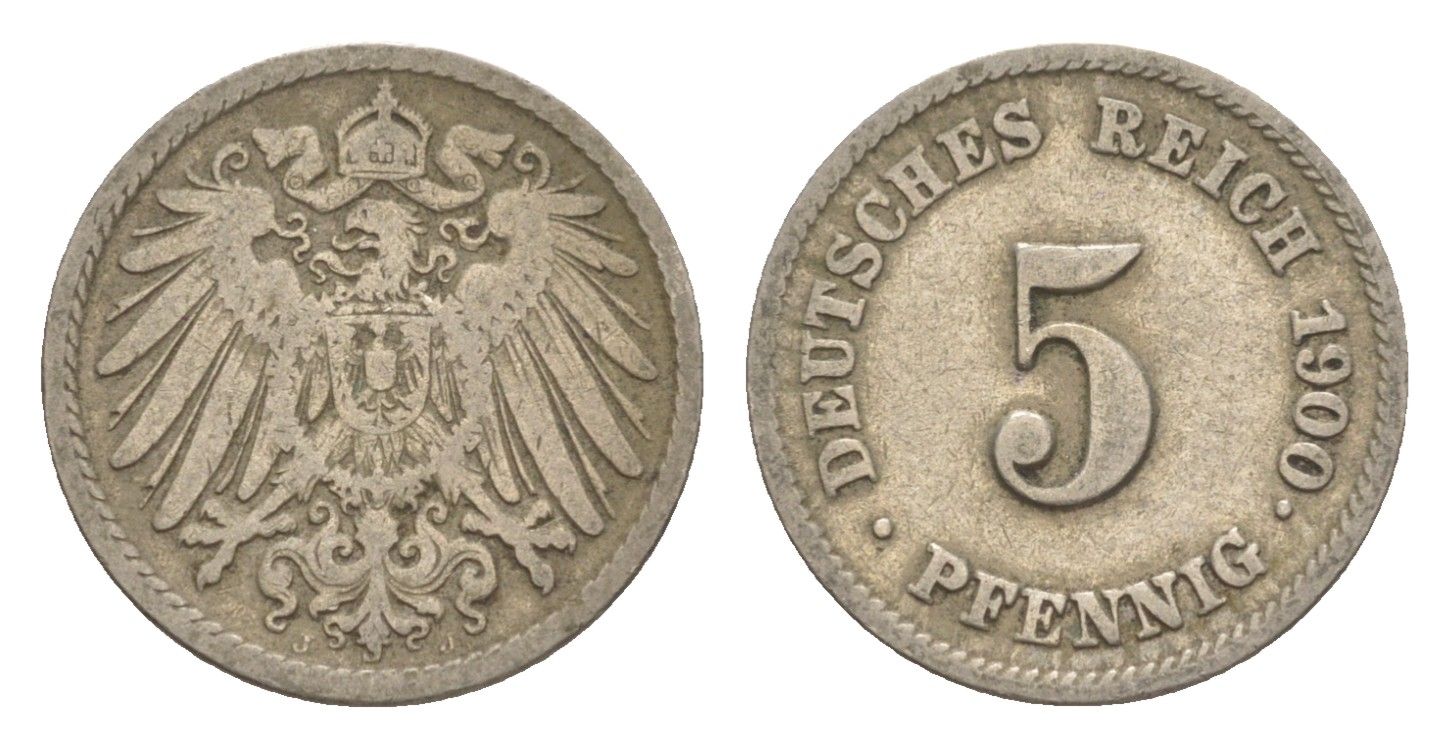 Германия 5 пфеннигов 1900 J, Вильгельм II (1888-1918) KM 11, J. 12 медно-никель 4640-115