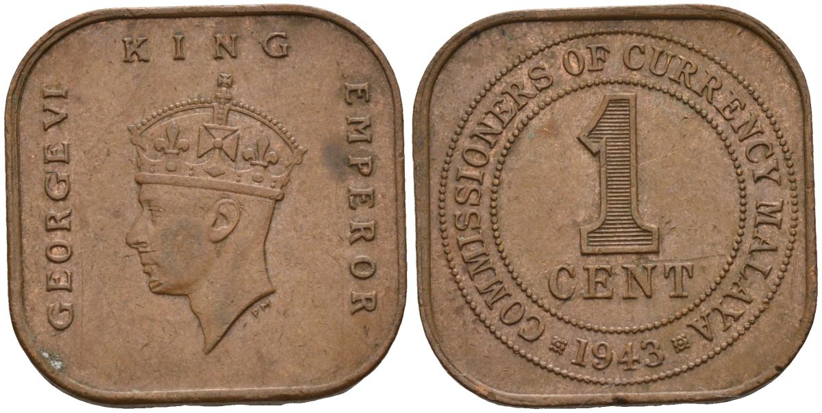 Британская Малайя 1 цент 1943 Георг VI (1937-1952) KM 6 бронза 4153-634