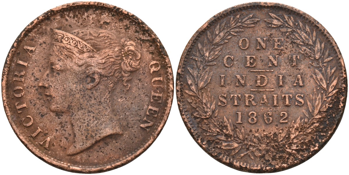 Стрейтс-Сетлментс 1 цент 1862 Виктория (1837-1901), Ост-Индская компания KM 6 медь 4590-234