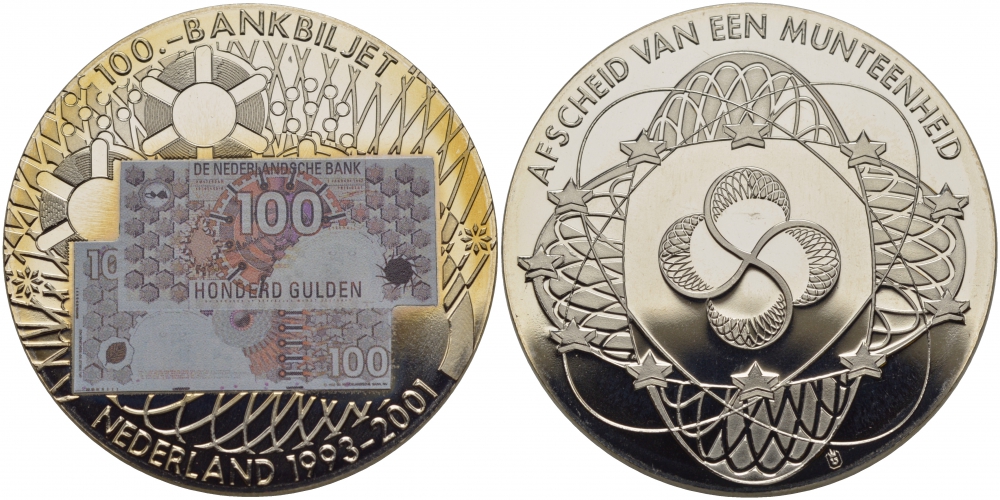 НИДЕРЛАНДЫ МЕДАЛЬ 2001 БАНКНОТА 100 ГУЛЬДЕНОВ, ЭМИССИЯ (1993-2001), ЦВЕТНАЯ ЭМАЛЬ, СЕРЕБРЕНИЕ, СЕРТИФИКАТ медно-никель PROOF 01-149-45