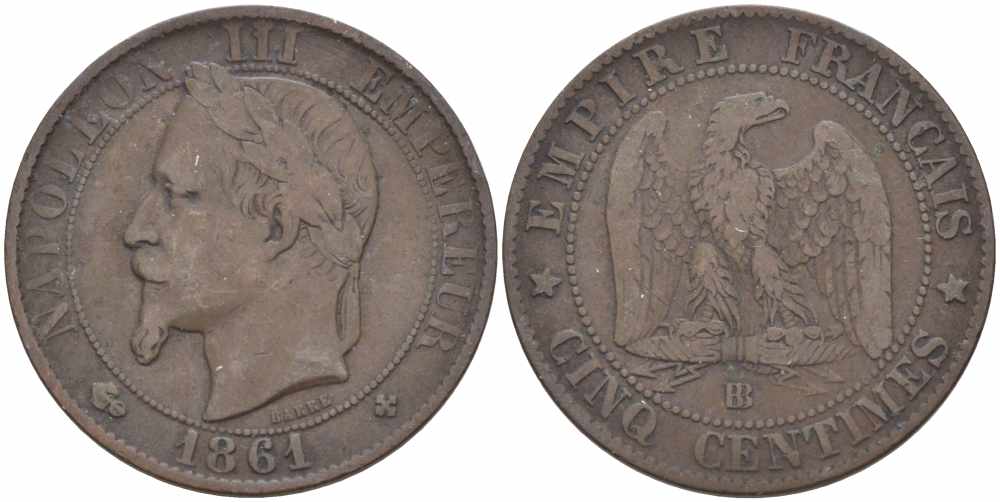 ФРАНЦИЯ 5 САНТИМОВ 1861 BB, НАПОЛЕОН III (1852-1870) KM 797.2, LE FRANC 117.3 бронза 108-457