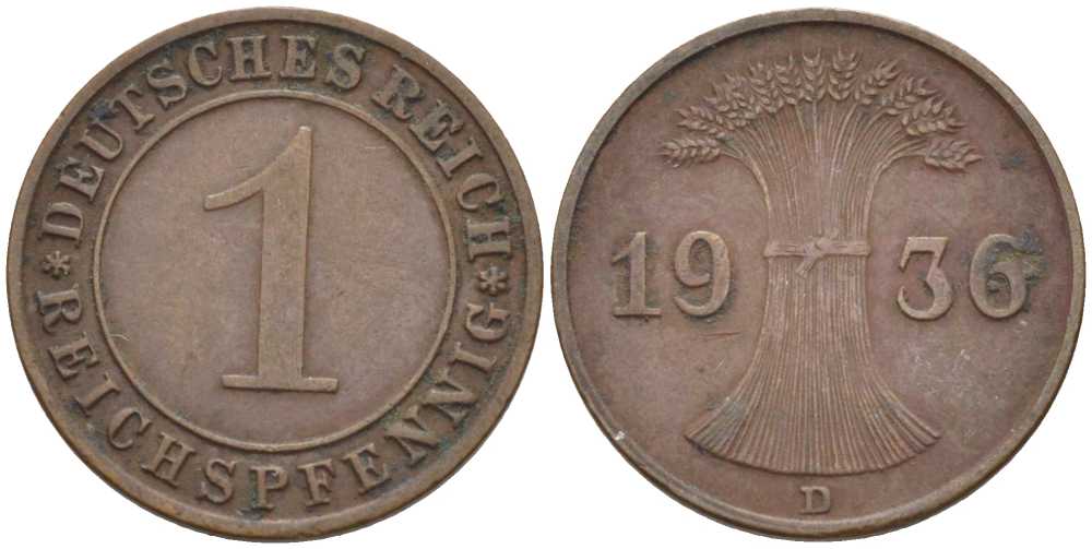 ГЕРМАНИЯ 1 РЕЙХСПФЕННИГ 1936 D KM 37, J. 313, Weege 2 бронза 211-131