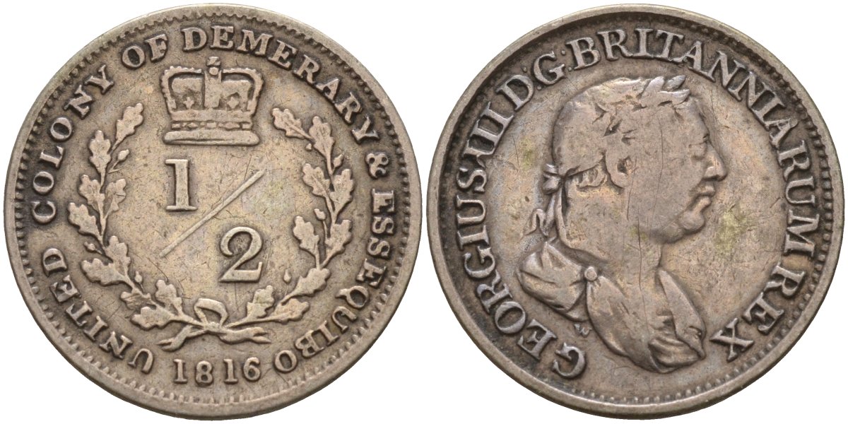 Эссекибо и Демерари 1/2 гульдена 1816 Георг III (1760-1820) KM 12 серебро 633-434