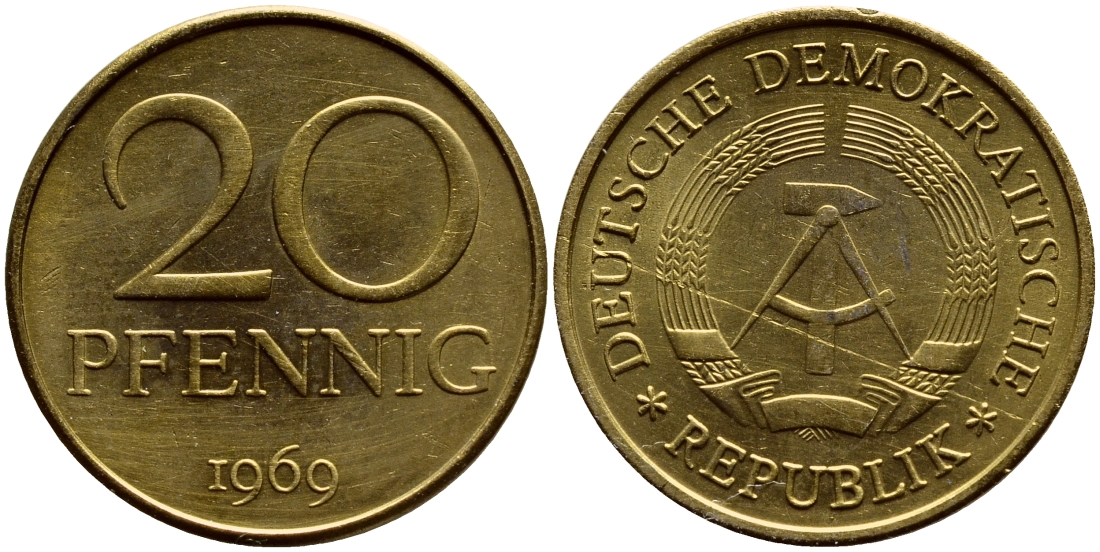 ГДР 20 пфеннигов 1969 А, первый год KM 11 латунь UNC 4398-1047