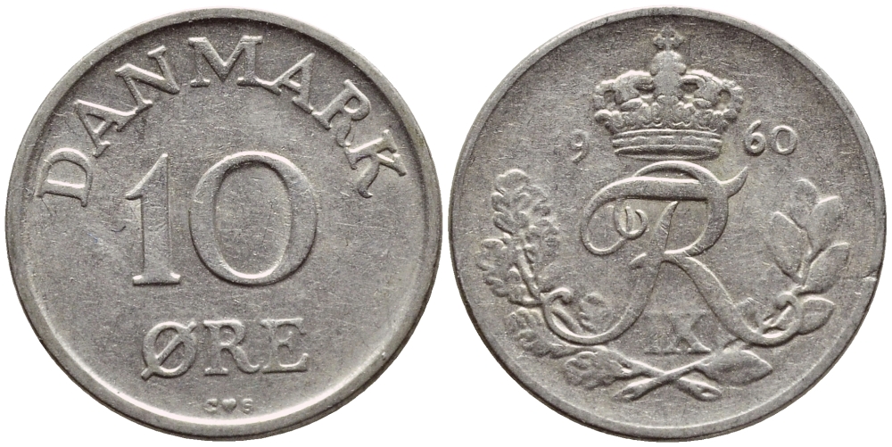 ДАНИЯ 10 ЭРЕ 1958 C; S, ФРЕДЕРИК IX (1947-1972) КМ 841.2 медно-никель 4398-925