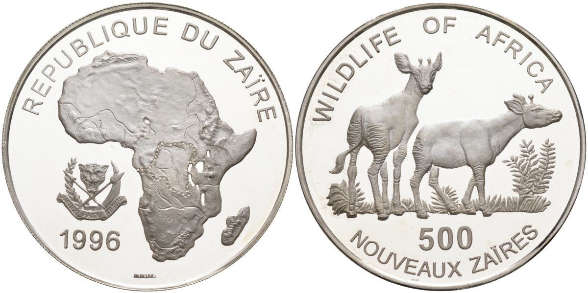 Заир 500 новых заиров 1996 серия защита окружающей среды, окапи, тираж 10000 экз. KM 22 серебро PROOF 1095-7-22