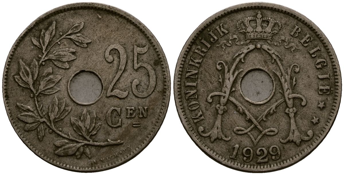 Бельгия 25 сантимов 1929 Belgie KM 69 медно-никель 4403-232