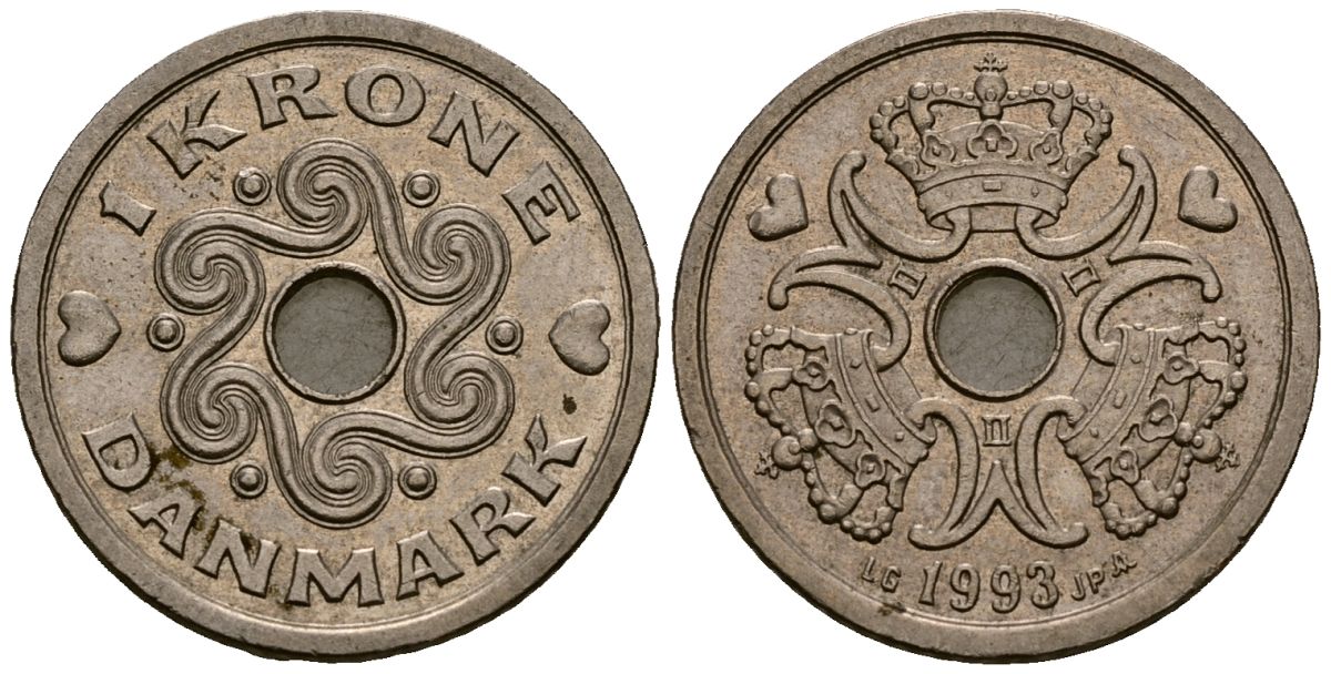 Дания 1 крона 1993 Маргрете II (1973 - 1988) KM 873 медно-никель 4176-457