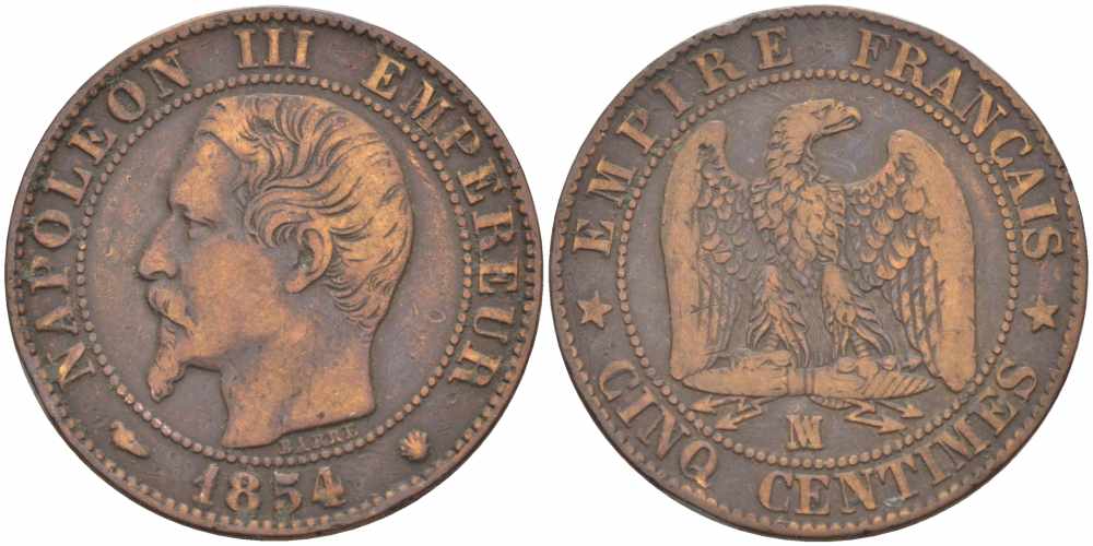 ФРАНЦИЯ 5 САНТИМОВ 1854 MA, НАПОЛЕОН III (1852-1870) KM 777.6, LE FRANC 116.14 бронза 108-253