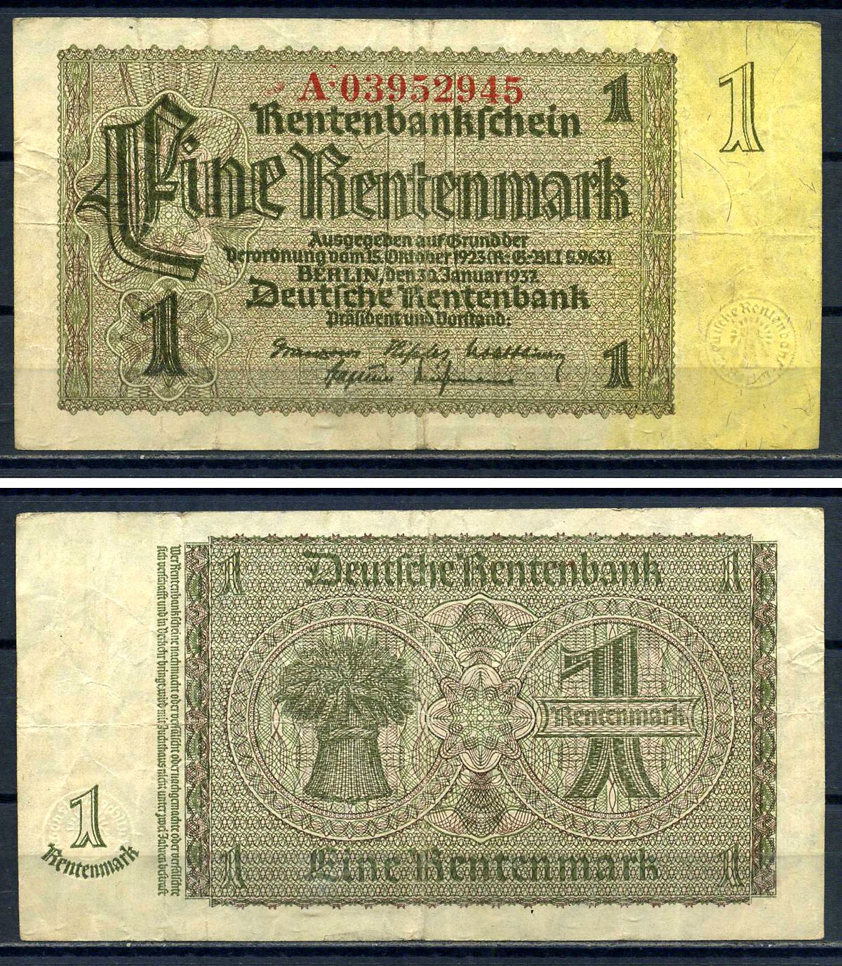 Германия 1 рентенмарка 1937 Pick 173 b бумага 8621-40-1-2