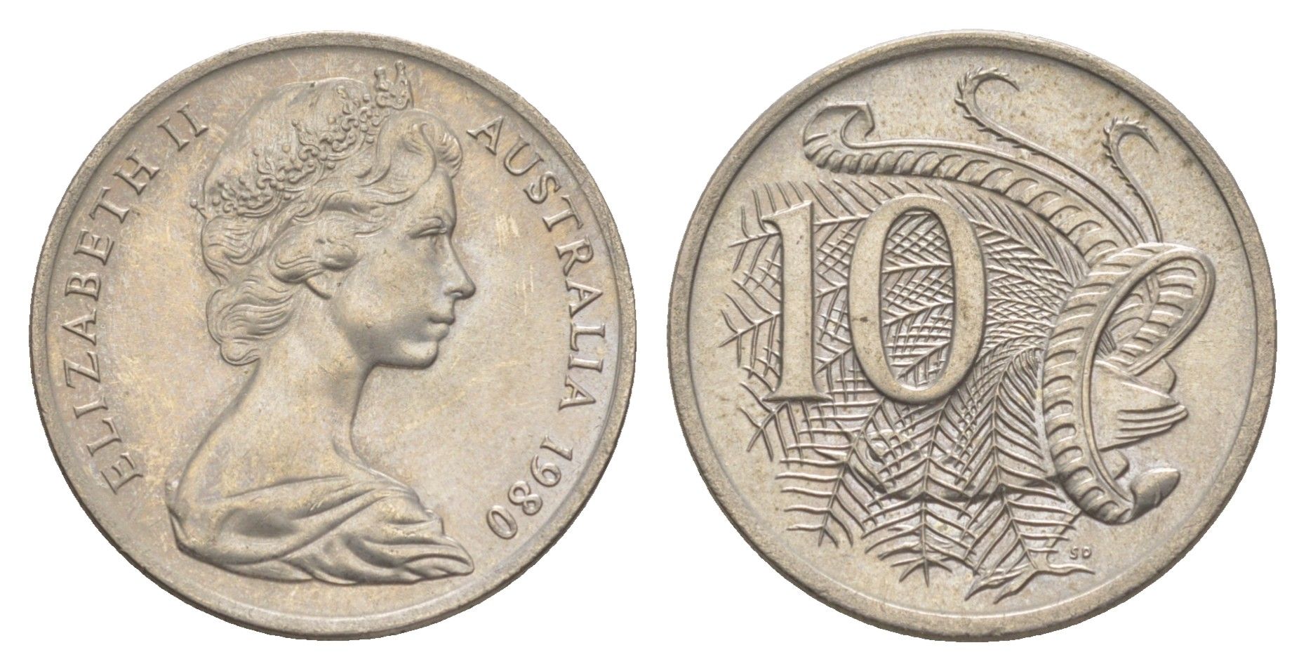 Австралия 10 центов 1980 Елизавета II (1952-2022), птица лирахвост KM 65 медно-никель aUNC 4364-1444