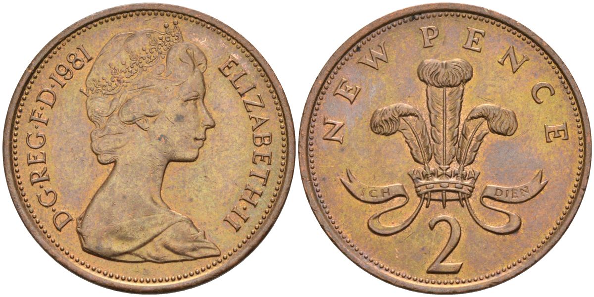 Великобритания 2 пенса 1981 Елизавета II (1952-2022) KM 916, Spink 4235 (C1) бронза 4593-835