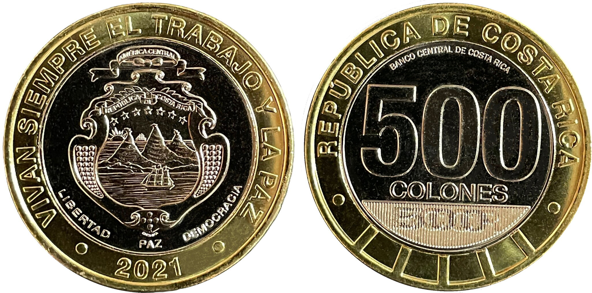 Коста-Рика 500 колонов 2021 200 лет независимости, герб KM NEW биметалл  UNC  M74-06